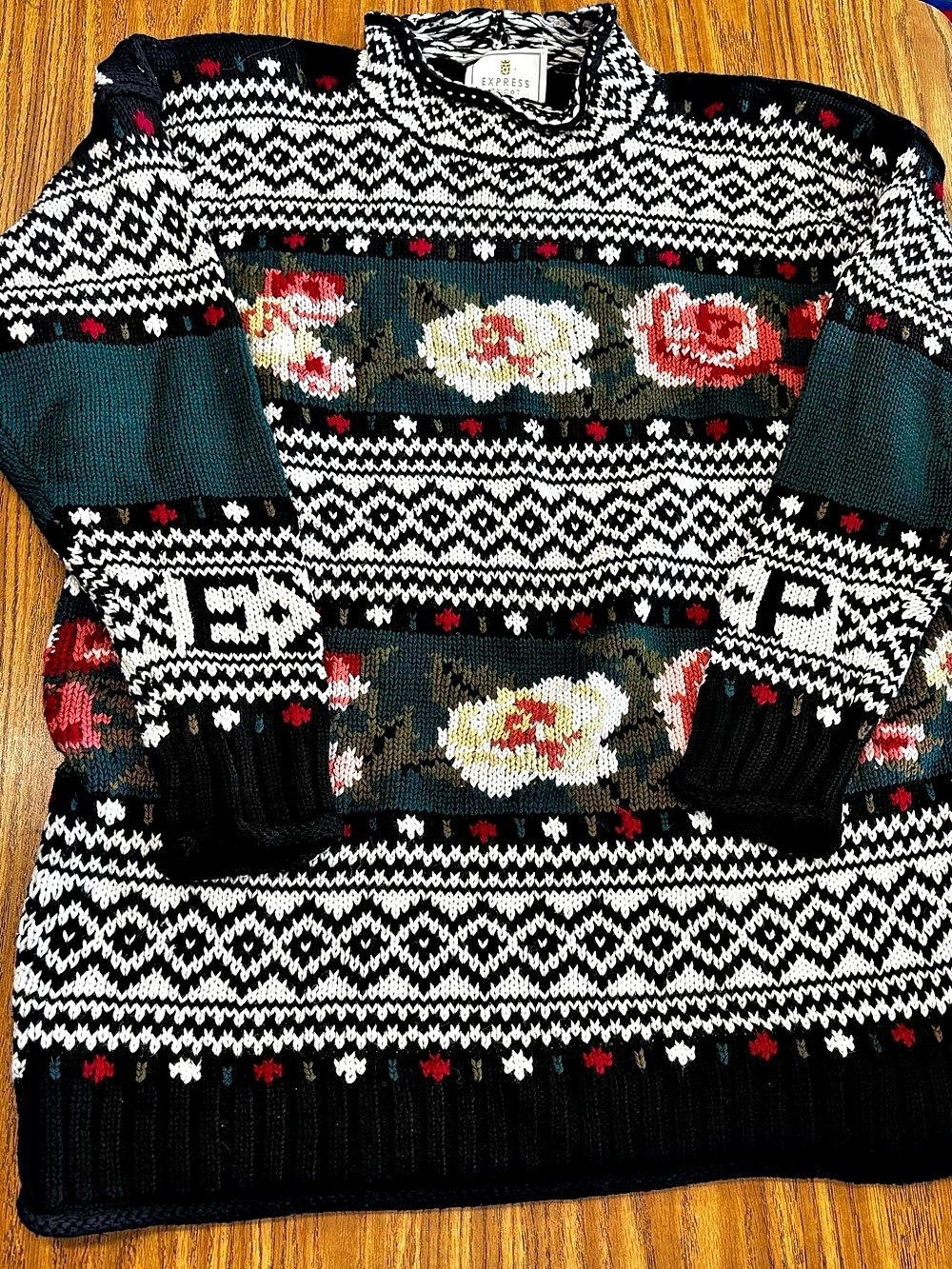 Vintage Express Geometric Knit Sweater in Black & White Size Large